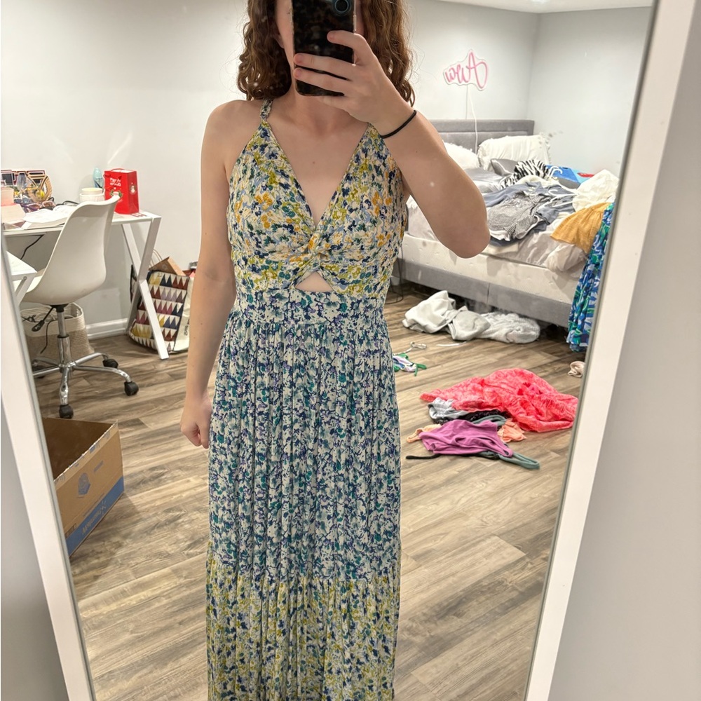 Floral Halter Maxi Dress - Yellow and Blue